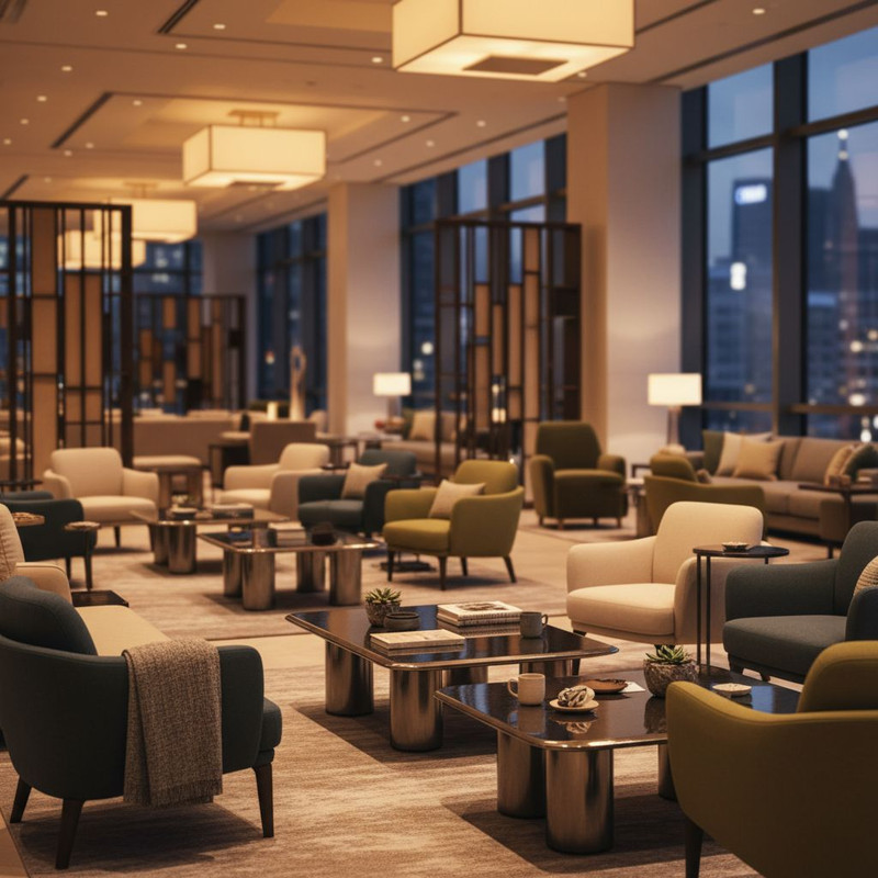 Уютная лаунж-зона с низкими журнальными столиками и мягкими креслами, идеально подходящая для неформального общения и отдыха гостей на мероприятии.