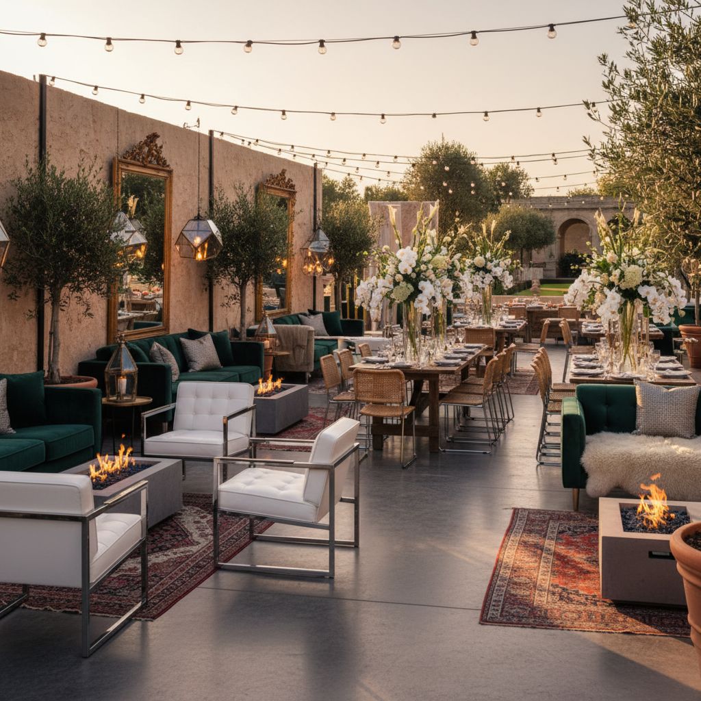 Элегантно сервированные круглые банкетные столы в аренду для организации торжественного мероприятия или свадьбы.