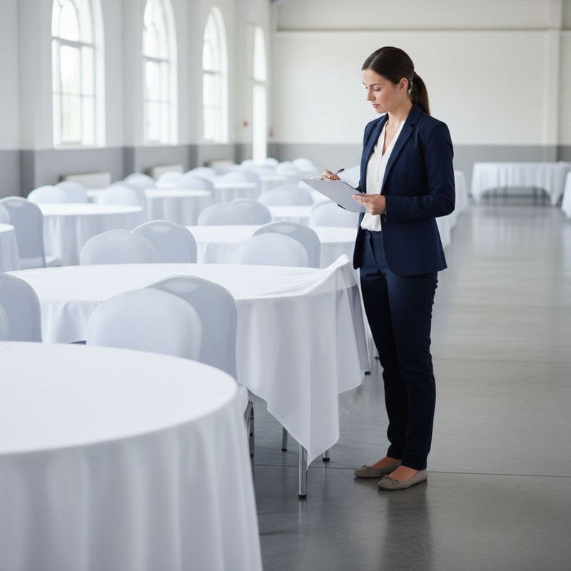 Инспекция качества оборудования на складе перед оформлением услуги аренда столов и подписанием договора.