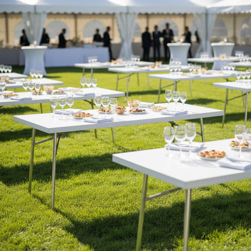 Удобные складные столы, расставленные для кейтеринга на свежем воздухе, демонстрирующие мобильность и универсальность для выездных мероприятий.