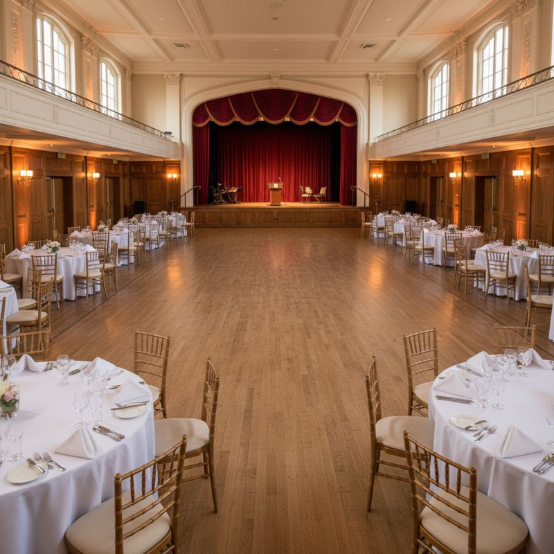 Грамотное зонирование банкетного зала: расстановка столов с учетом свободного пространства для танцпола, сцены и комфортных проходов для гостей.