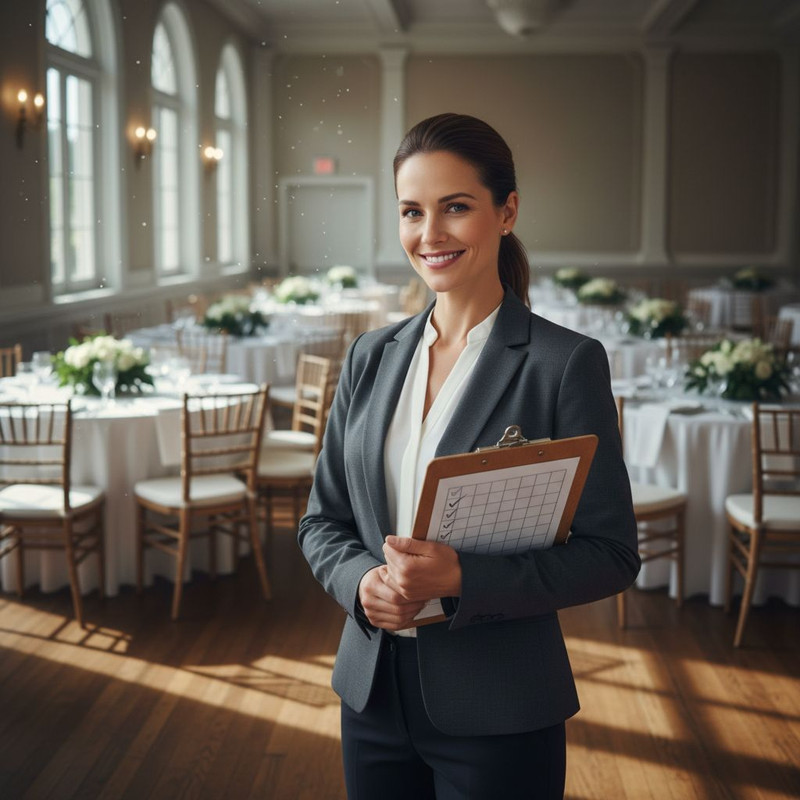 Проверка чек-листа и условий договора на аренду столов перед началом мероприятия в банкетном зале.