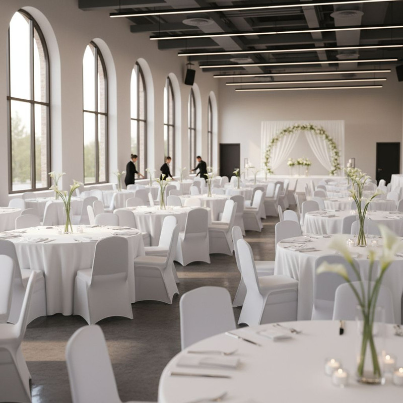 Подготовка банкетного зала к мероприятию: расстановка столов различной конфигурации как пример гибкости аренды мебели.