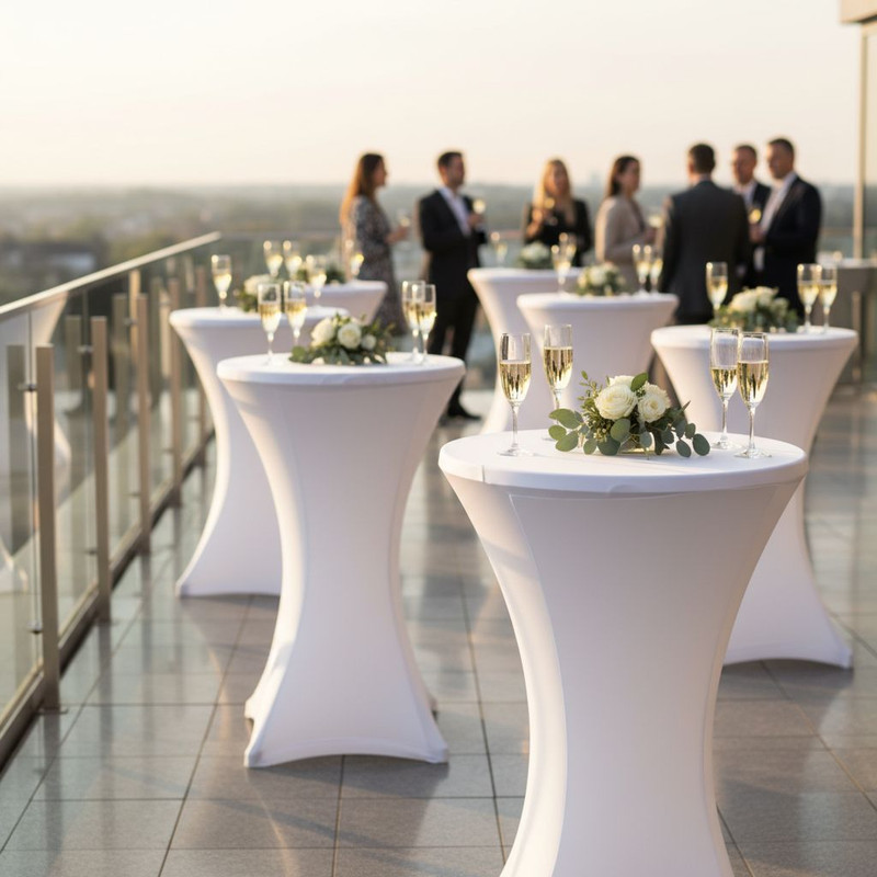 Высокие коктейльные столы с текстильным оформлением, организованные для удобного общения гостей на фуршете.