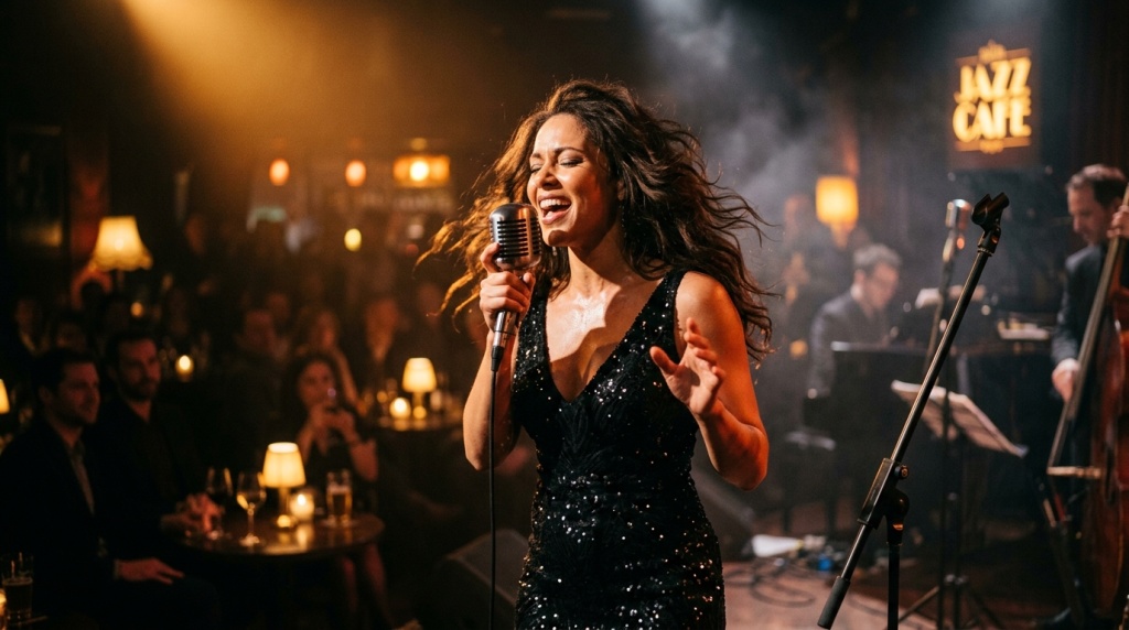 Певица исполняет джазовый вокал на сцене с микрофоном в полумраке клуба